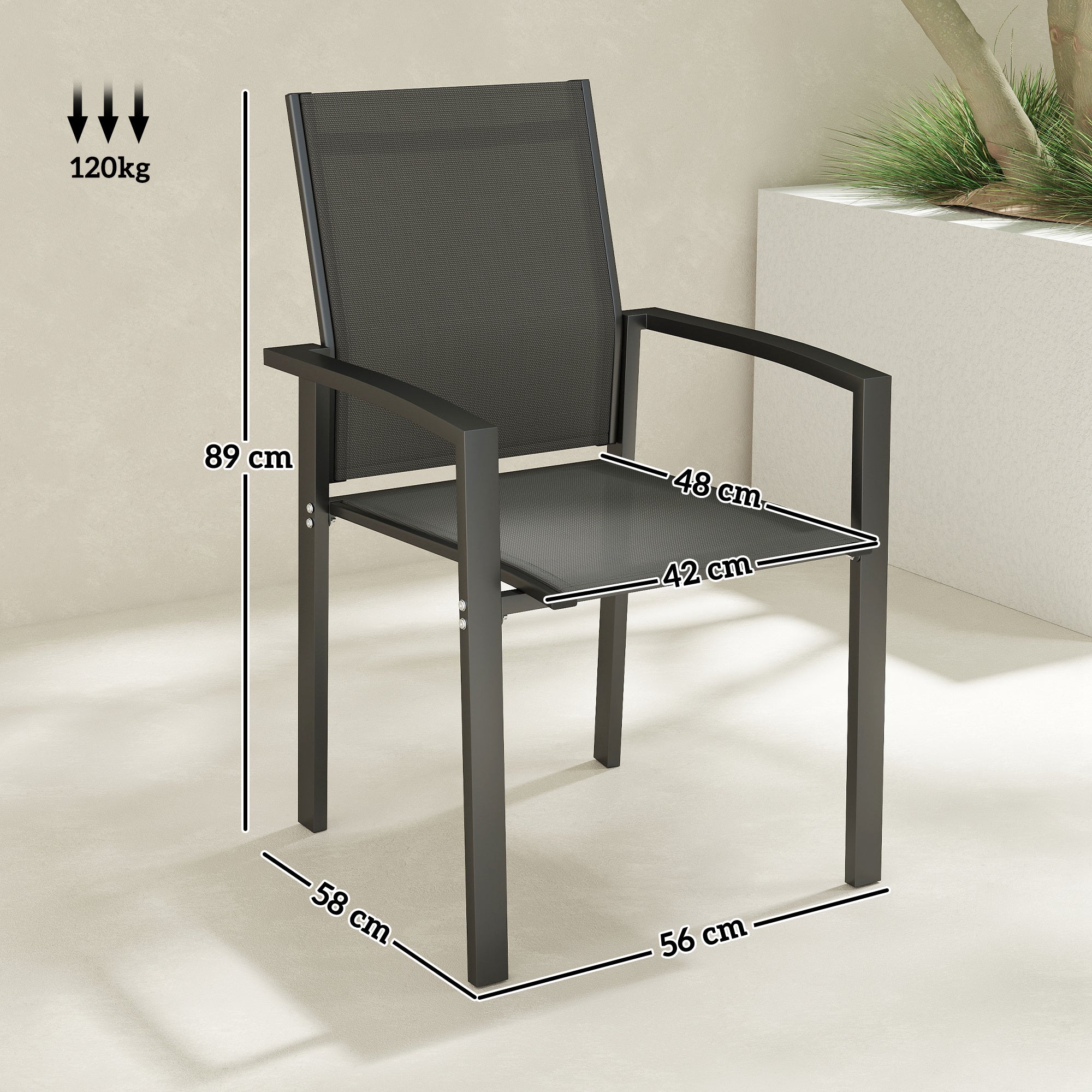 Set of 2 stackable outdoor breathable garden chairs with armrests, in aluminum and textilene for garden, pool, terrace, dark gray