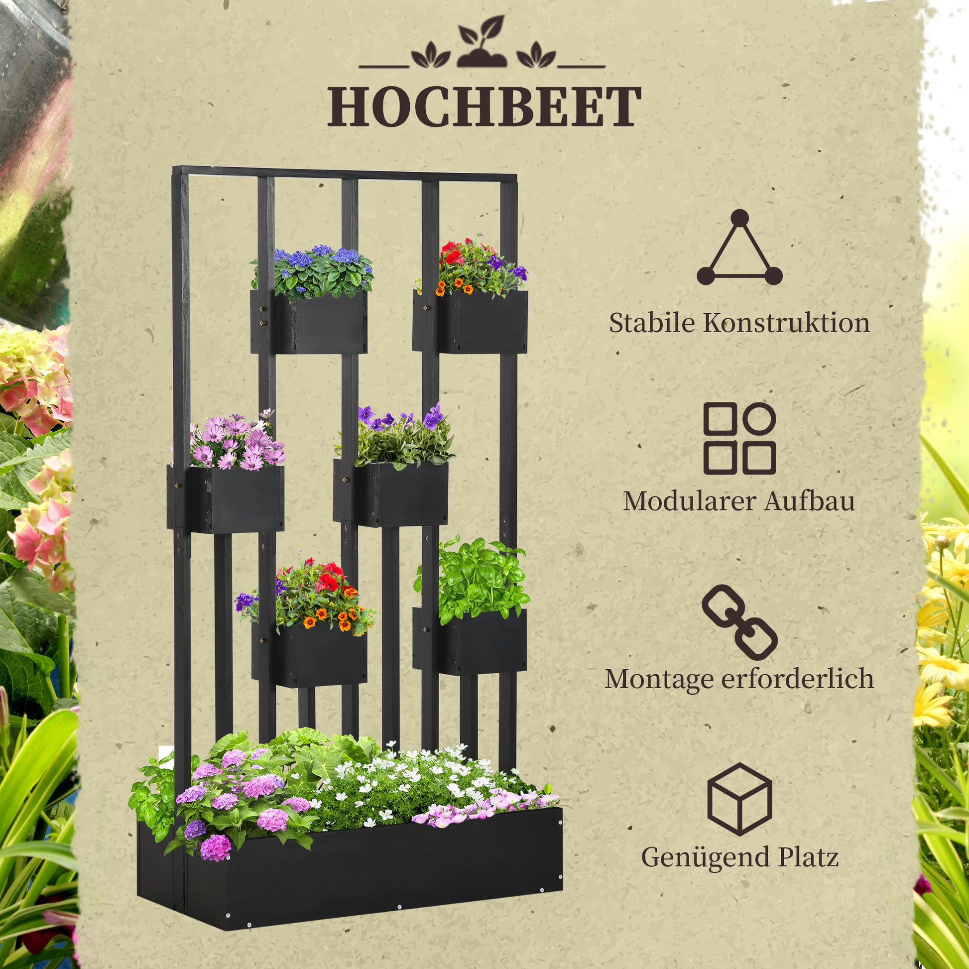 Wall Raised Garden Bed Planter with Trellis, Climbing Frame Flower Pot Planter Box Solid Wood, Garden Trellis 90x45x170cm for Terrace, Balcony, Flower Pot for Climbing Plants, Flowers, Black