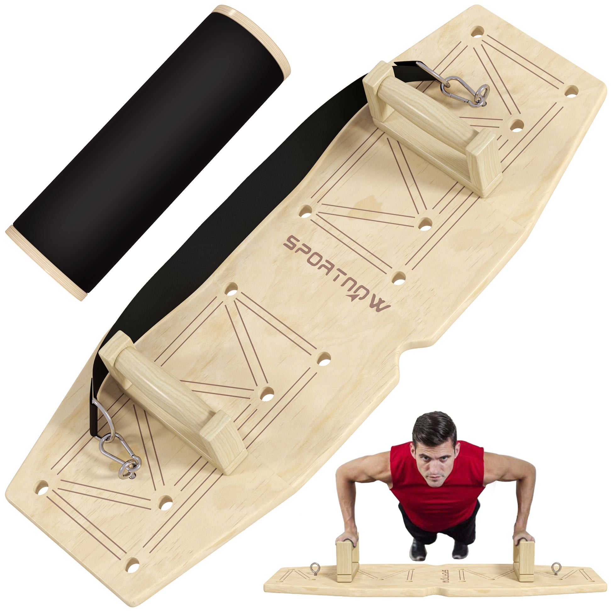 SPORTNOW Wooden Push Up Bars with 8 pairs of holes, including resistance bands, 11 exercises, Fitness Parallettes for muscle training, strength training Natural