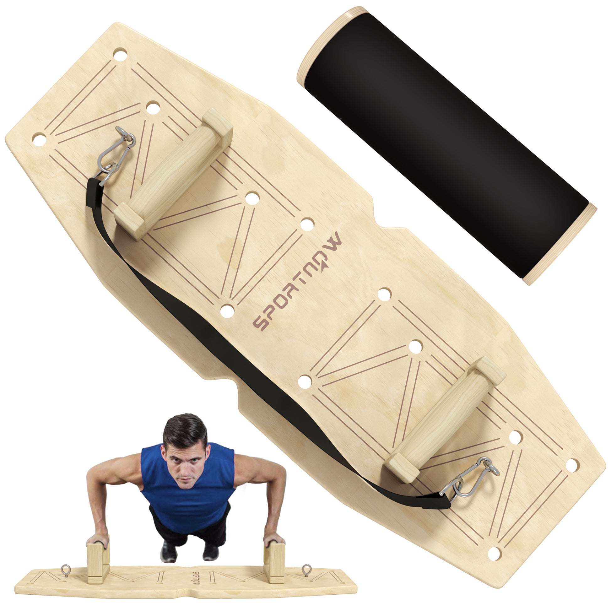 SPORTNOW Wooden Push Up Bars with 8 pairs of holes, including resistance bands, 11 exercises, Fitness Parallettes for muscle training, strength training Natural