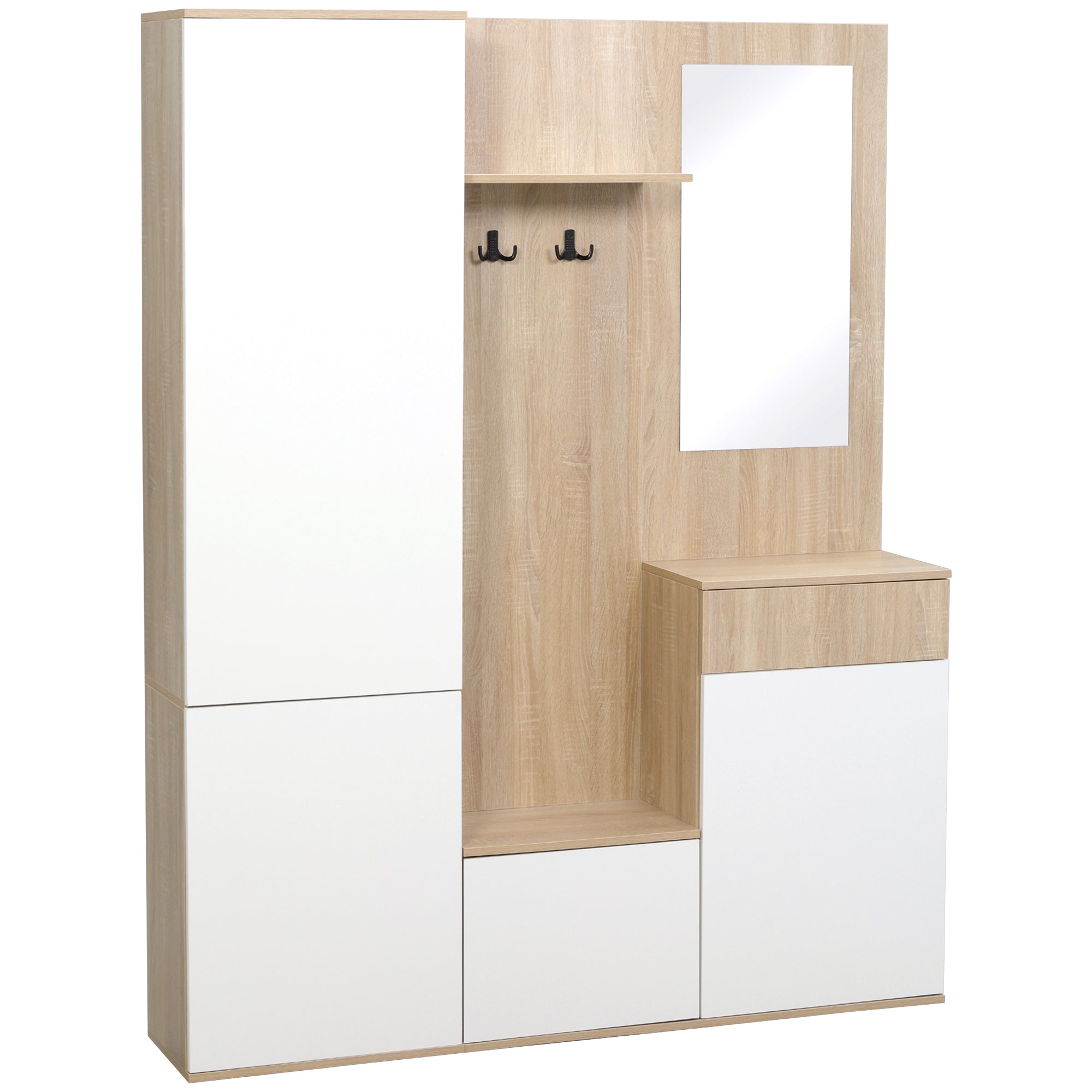 4-in-1 Entryway Coat Rack with Mirror, Hooks, and Adjustable Shelves, Multi-Purpose Entryway Furniture in Wood with Drawer, 145x29x184 cm, Natural Wood and White