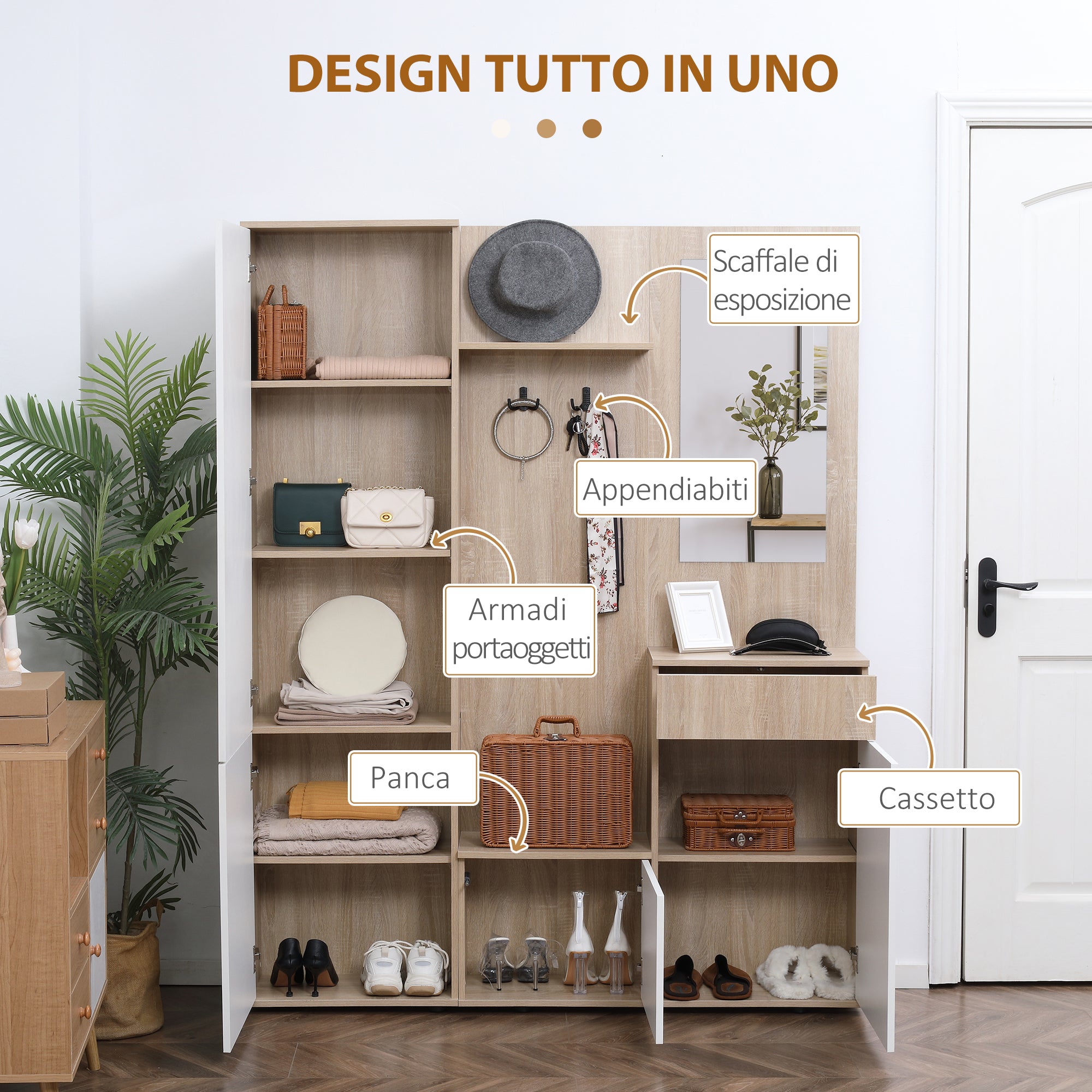 4-in-1 Entryway Coat Rack with Mirror, Hooks, and Adjustable Shelves, Multi-Purpose Entryway Furniture in Wood with Drawer, 145x29x184 cm, Natural Wood and White
