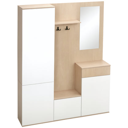 4-in-1 Entryway Coat Rack with Mirror, Hooks, and Adjustable Shelves, Multi-Purpose Entryway Furniture in Wood with Drawer, 145x29x184 cm, Natural Wood and White
