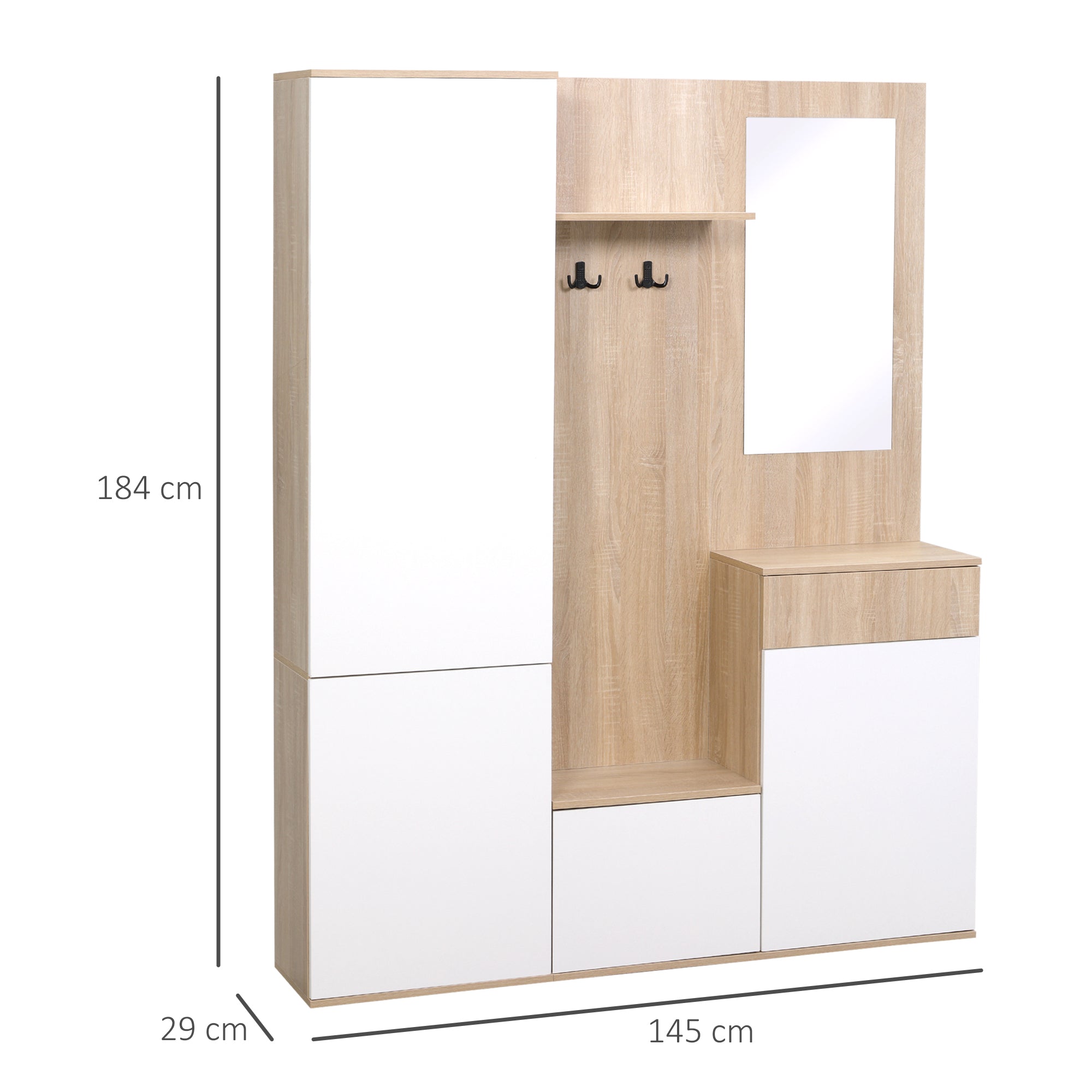 4-in-1 Entryway Coat Rack with Mirror, Hooks, and Adjustable Shelves, Multi-Purpose Entryway Furniture in Wood with Drawer, 145x29x184 cm, Natural Wood and White