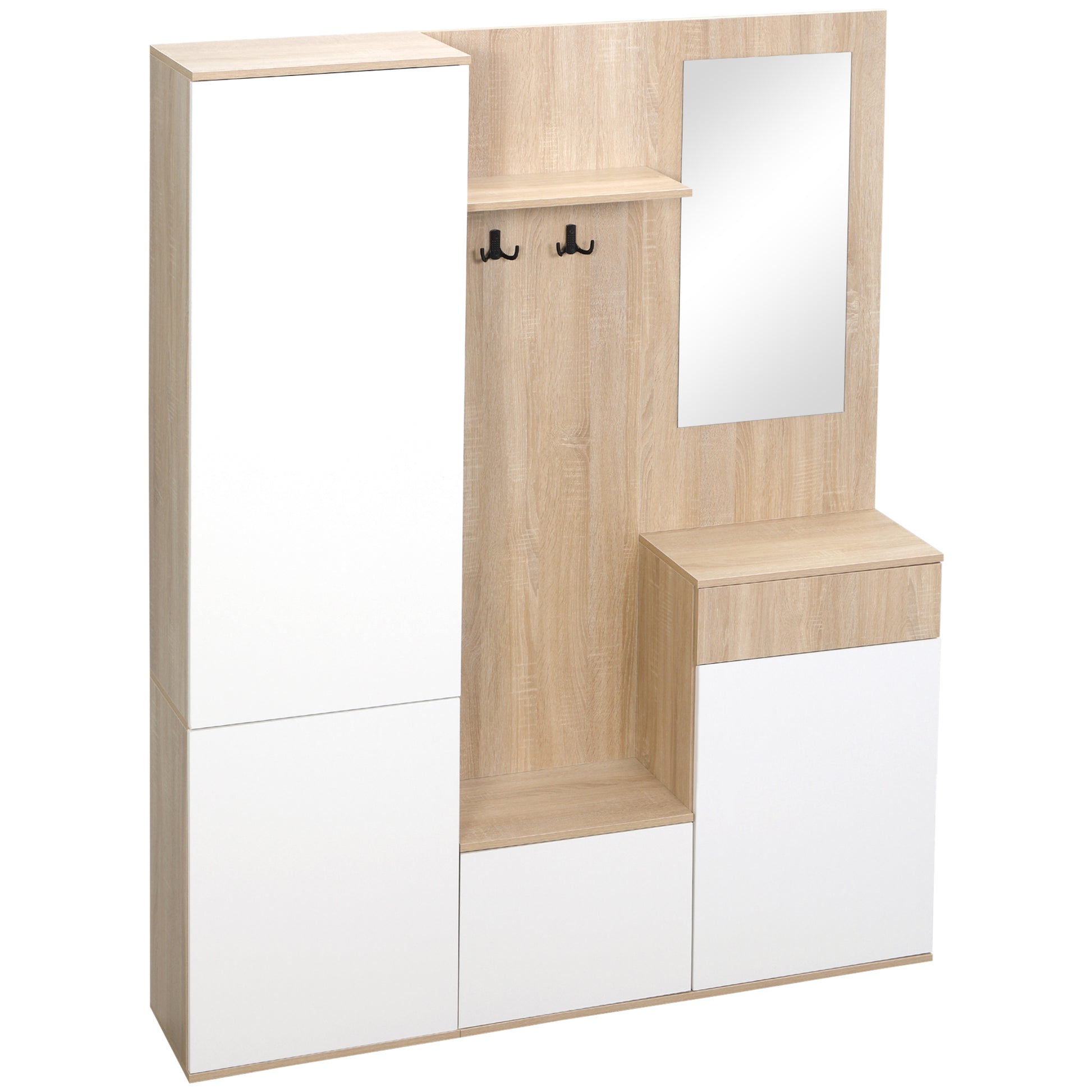 4-in-1 Entryway Coat Rack with Mirror, Hooks, and Adjustable Shelves, Multi-Purpose Entryway Furniture in Wood with Drawer, 145x29x184 cm, Natural Wood and White