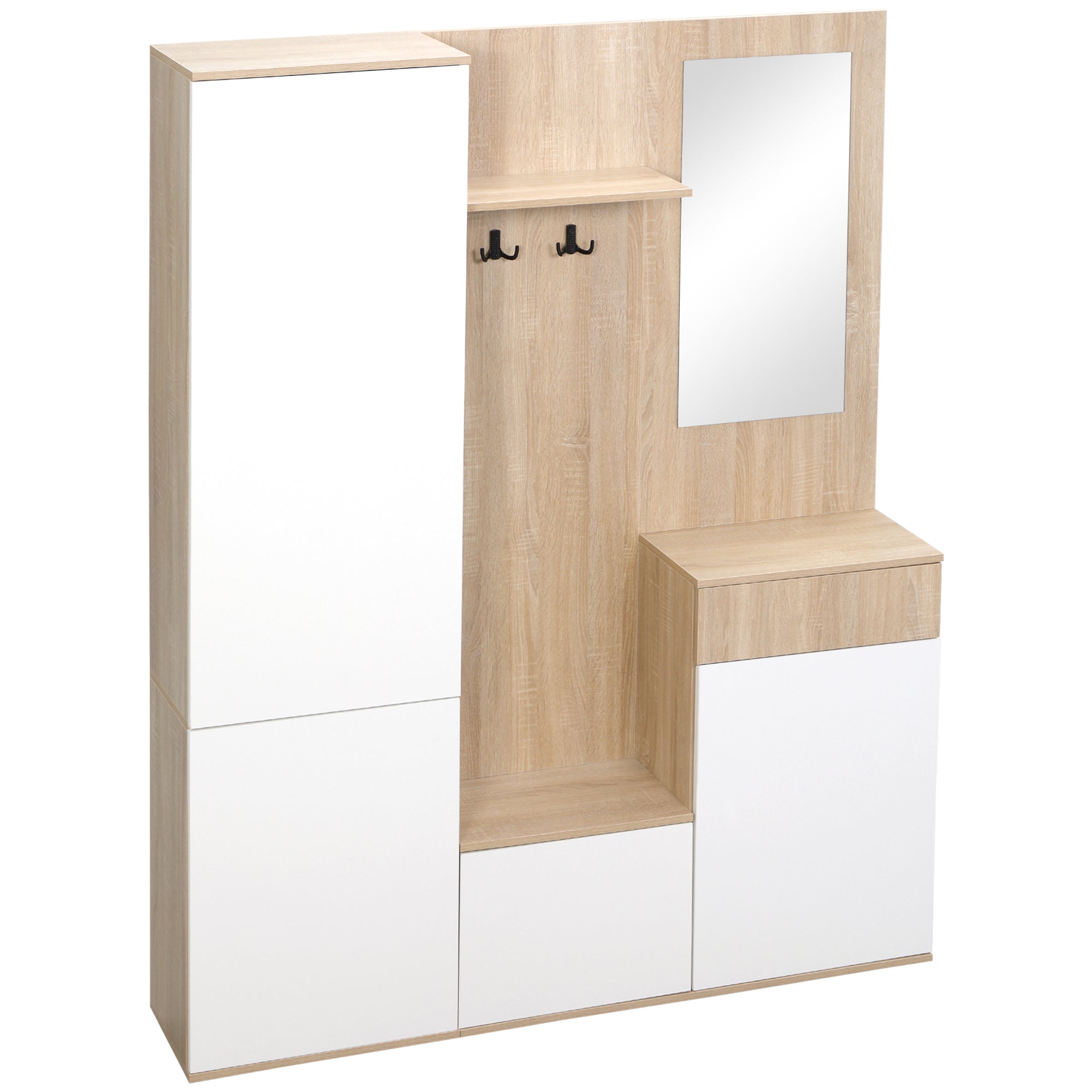 4-in-1 Entryway Coat Rack with Mirror, Hooks, and Adjustable Shelves, Multi-Purpose Entryway Furniture in Wood with Drawer, 145x29x184 cm, Natural Wood and White