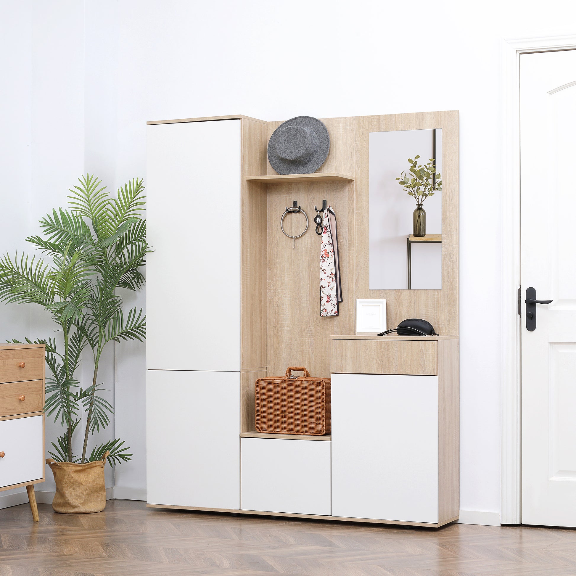 4-in-1 Entryway Coat Rack with Mirror, Hooks, and Adjustable Shelves, Multi-Purpose Entryway Furniture in Wood with Drawer, 145x29x184 cm, Natural Wood and White
