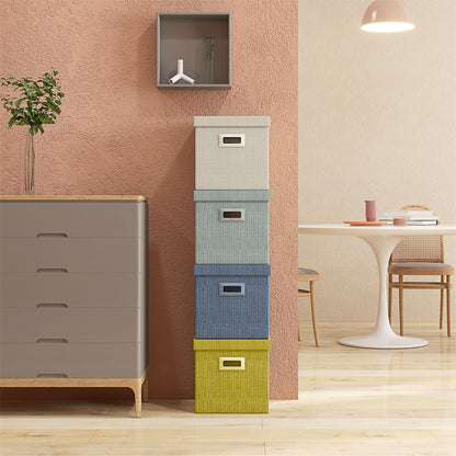 Set of 4 Fabric Wardrobe Boxes with Lid, Foldable Wardrobe Organizers 30x30x29cm, Blue, Cream, Green, and Light Gray