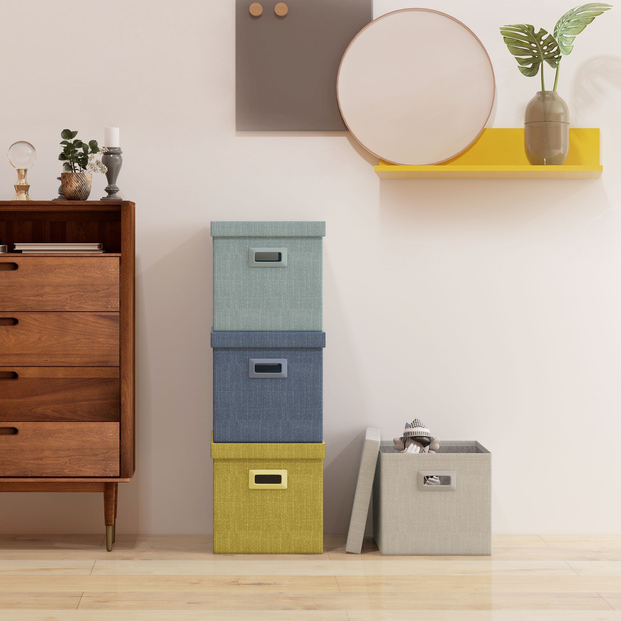 Set of 4 Fabric Wardrobe Boxes with Lid, Foldable Wardrobe Organizers 30x30x29cm, Blue, Cream, Green, and Light Gray