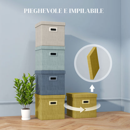 Set of 4 Fabric Wardrobe Boxes with Lid, Foldable Wardrobe Organizers 30x30x29cm, Blue, Cream, Green, and Light Gray