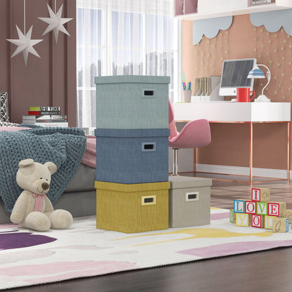 Set of 4 Fabric Wardrobe Boxes with Lid, Foldable Wardrobe Organizers 30x30x29cm, Blue, Cream, Green, and Light Gray