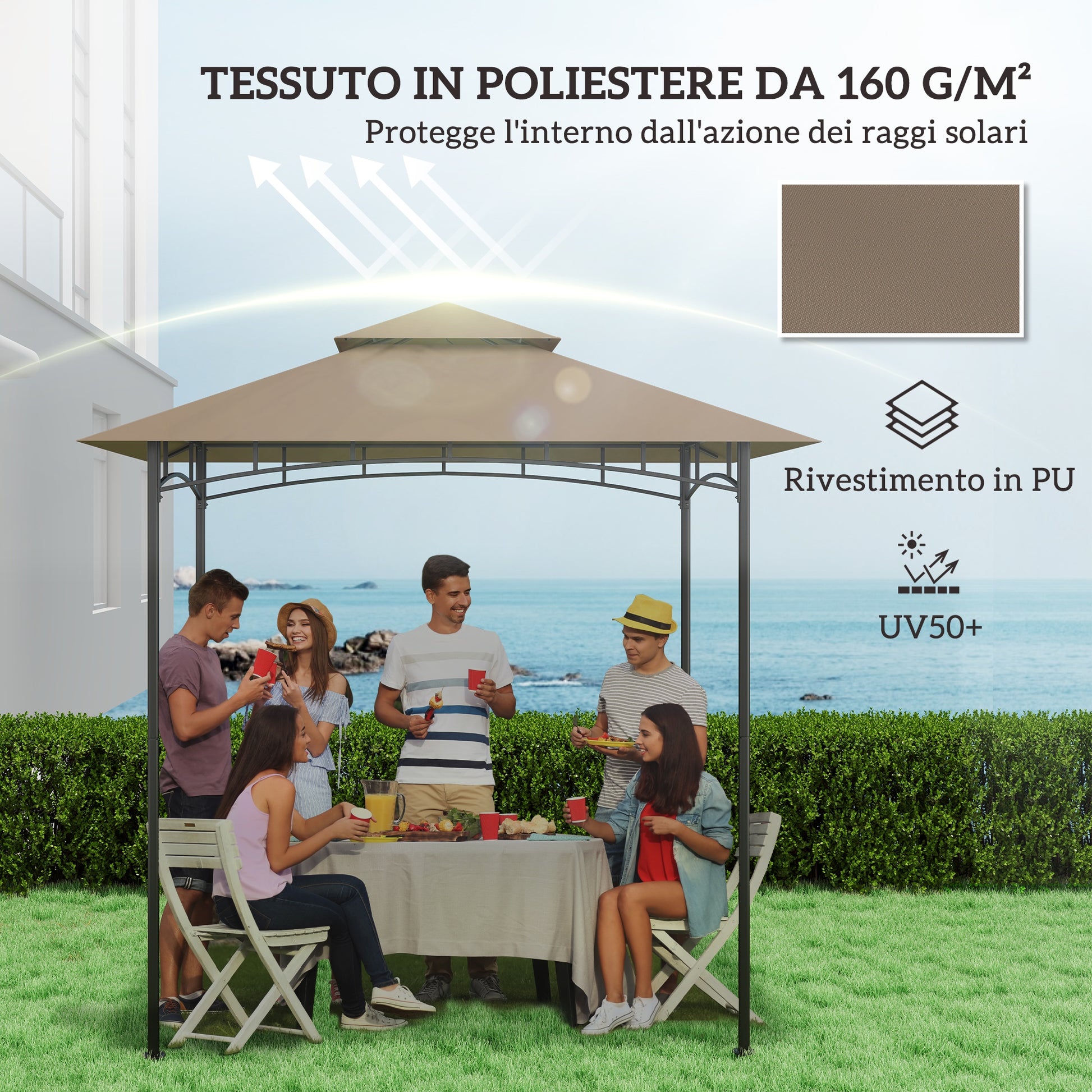 Replacement Roof for 2.44x1.52m 2-Tier Gazebo with Corner Pockets, Garden Gazebo Cover for Barbecue in 160gsm Polyester, UV50+, Khaki