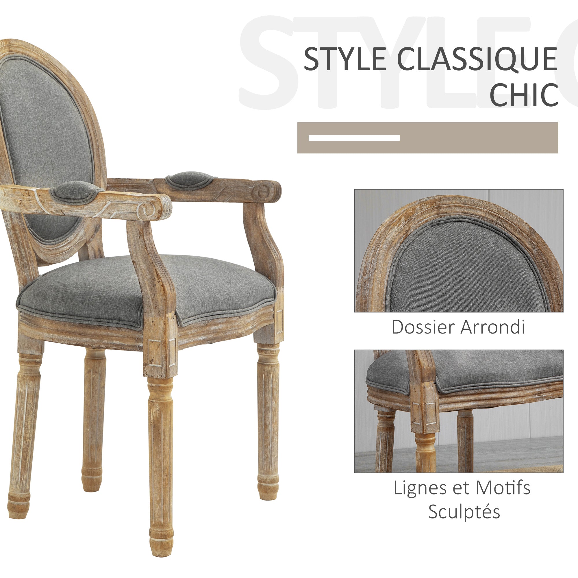 Louis XVI Style Solid Patinated Carved Rubberwood Linen Gray Dining Room Chair