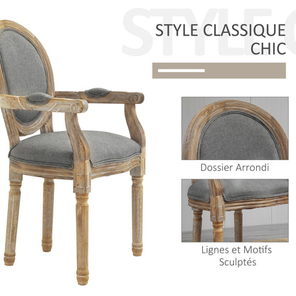 Louis XVI Style Solid Patinated Carved Rubberwood Linen Gray Dining Room Chair