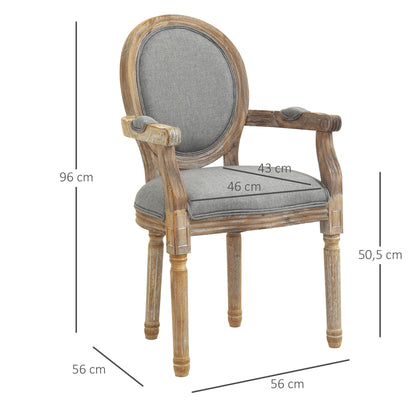 Louis XVI Style Solid Patinated Carved Rubberwood Linen Gray Dining Room Chair