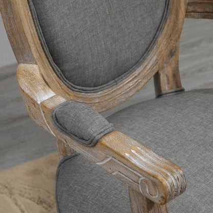 Louis XVI Style Solid Patinated Carved Rubberwood Linen Gray Dining Room Chair