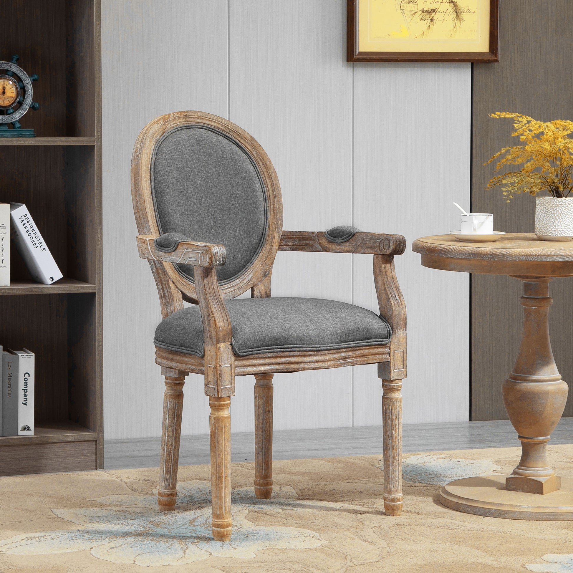 Louis XVI Style Solid Patinated Carved Rubberwood Linen Gray Dining Room Chair