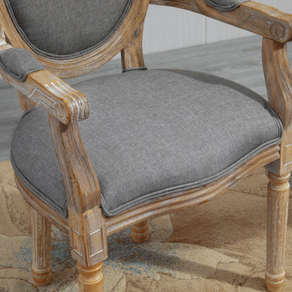 Louis XVI Style Solid Patinated Carved Rubberwood Linen Gray Dining Room Chair
