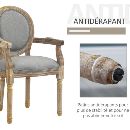 Louis XVI Style Solid Patinated Carved Rubberwood Linen Gray Dining Room Chair