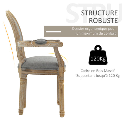 Louis XVI Style Solid Patinated Carved Rubberwood Linen Gray Dining Room Chair