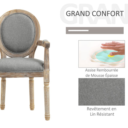 Louis XVI Style Solid Patinated Carved Rubberwood Linen Gray Dining Room Chair