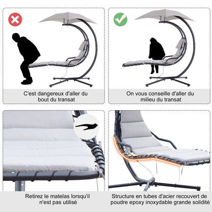 Suspended Sun Lounger with Sunshade and Mattress Contemporary Design 190L x 110W x 190H cm Steel Polyester Gray Black