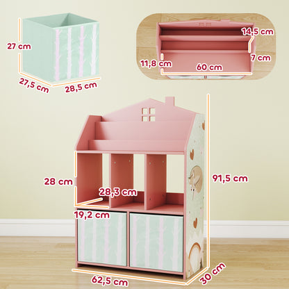 Kids Toy Shelf with Fabric Drawers, Open Shelves & Fox Design — Toy Organizer for Bedroom, Playroom, Nursery, Pink