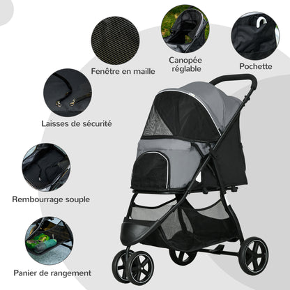 Dog Stroller, Cat Stroller Pet Foldable, 2 Safety Leashes, EVA Wheels, Adjustable Handle, Basket, 83 x 55 x 101 cm, Gray