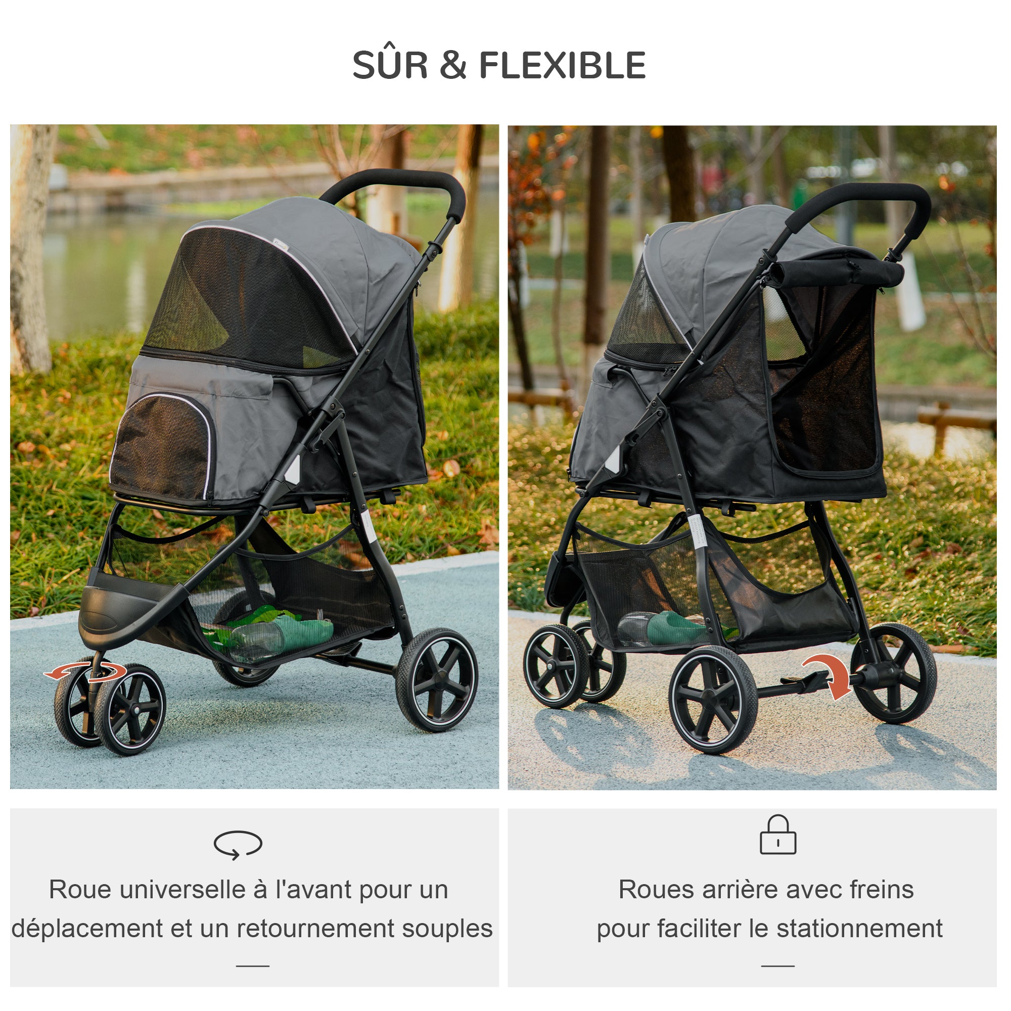 Dog Stroller, Cat Stroller Pet Foldable, 2 Safety Leashes, EVA Wheels, Adjustable Handle, Basket, 83 x 55 x 101 cm, Gray