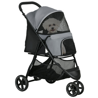 Dog Stroller, Cat Stroller Pet Foldable, 2 Safety Leashes, EVA Wheels, Adjustable Handle, Basket, 83 x 55 x 101 cm, Gray
