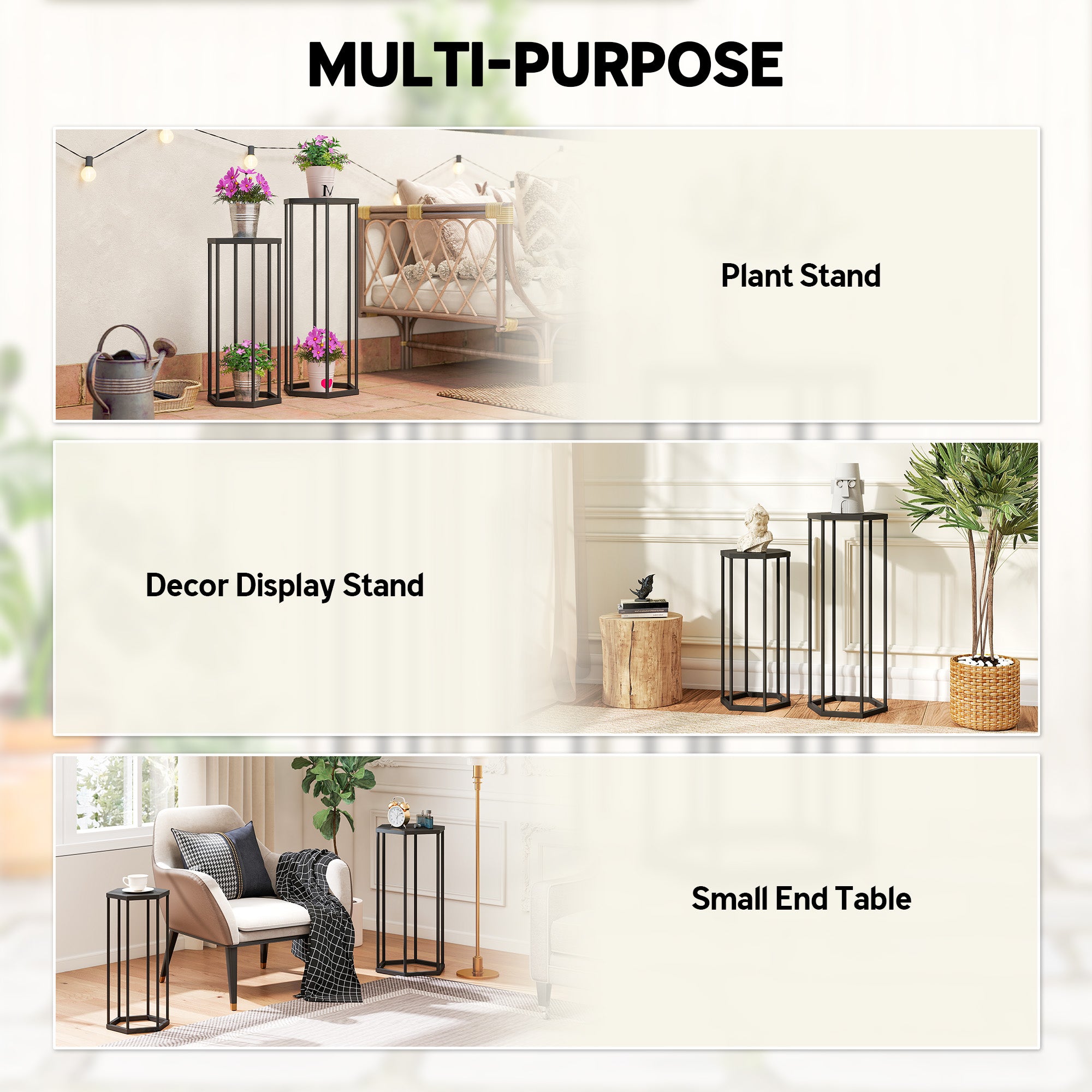 2-Pack Hexagon Metal Plant Stands, 75/60 cm (29.5"/23.6") — Indoor & Outdoor Black