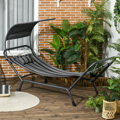 Steel and Polyester Sun Lounger Hammock Bed with Canopy, Headrest, and Wheels 240L x 92W x 148H cm Dark Grey