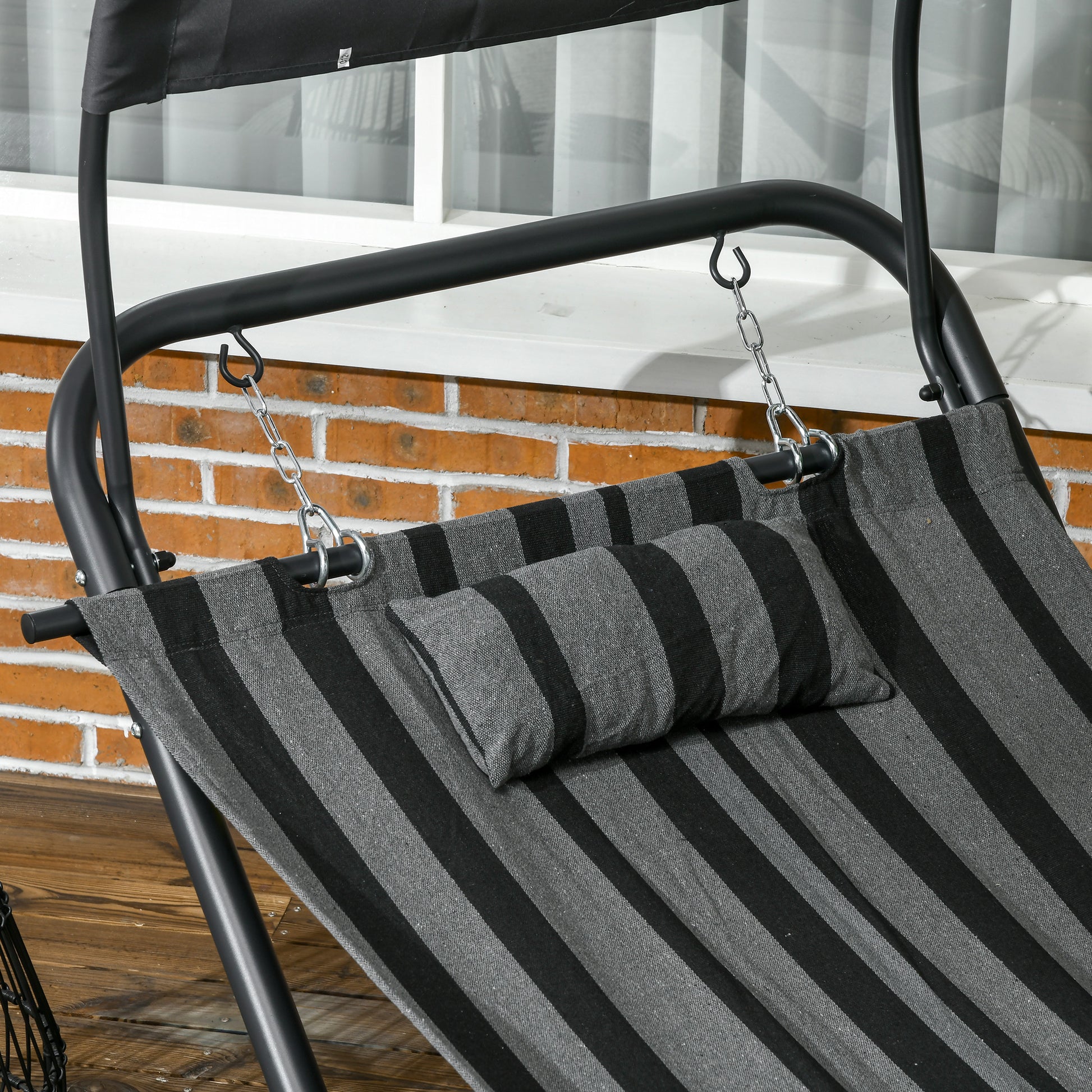 Steel and Polyester Sun Lounger Hammock Bed with Canopy, Headrest, and Wheels 240L x 92W x 148H cm Dark Grey