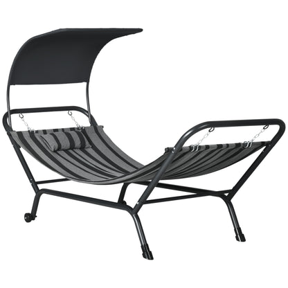 Steel and Polyester Sun Lounger Hammock Bed with Canopy, Headrest, and Wheels 240L x 92W x 148H cm Dark Grey