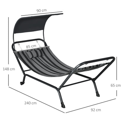 Steel and Polyester Sun Lounger Hammock Bed with Canopy, Headrest, and Wheels 240L x 92W x 148H cm Dark Grey