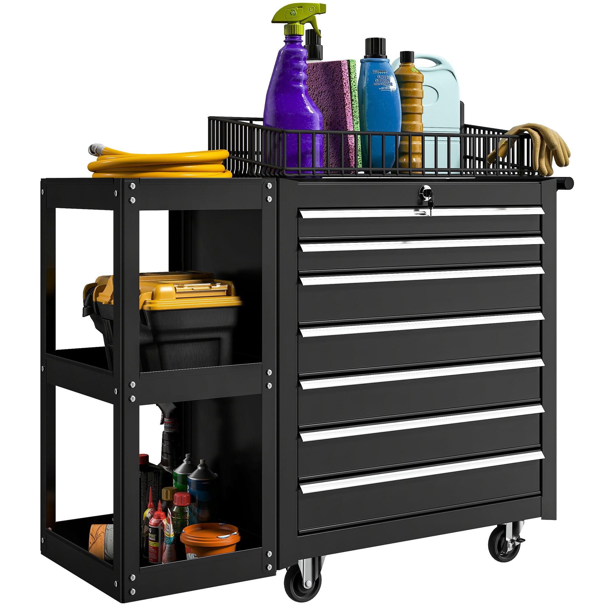 Tool Cart with 7 Drawers, Workshop Trolley with Removable 3-Tier Shelf, Central Lock, Handle, 2 Locking Casters, Black