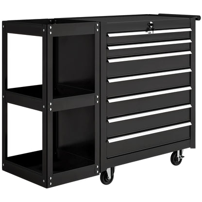 Tool Cart with 7 Drawers, Workshop Trolley with Removable 3-Tier Shelf, Central Lock, Handle, 2 Locking Casters, Black