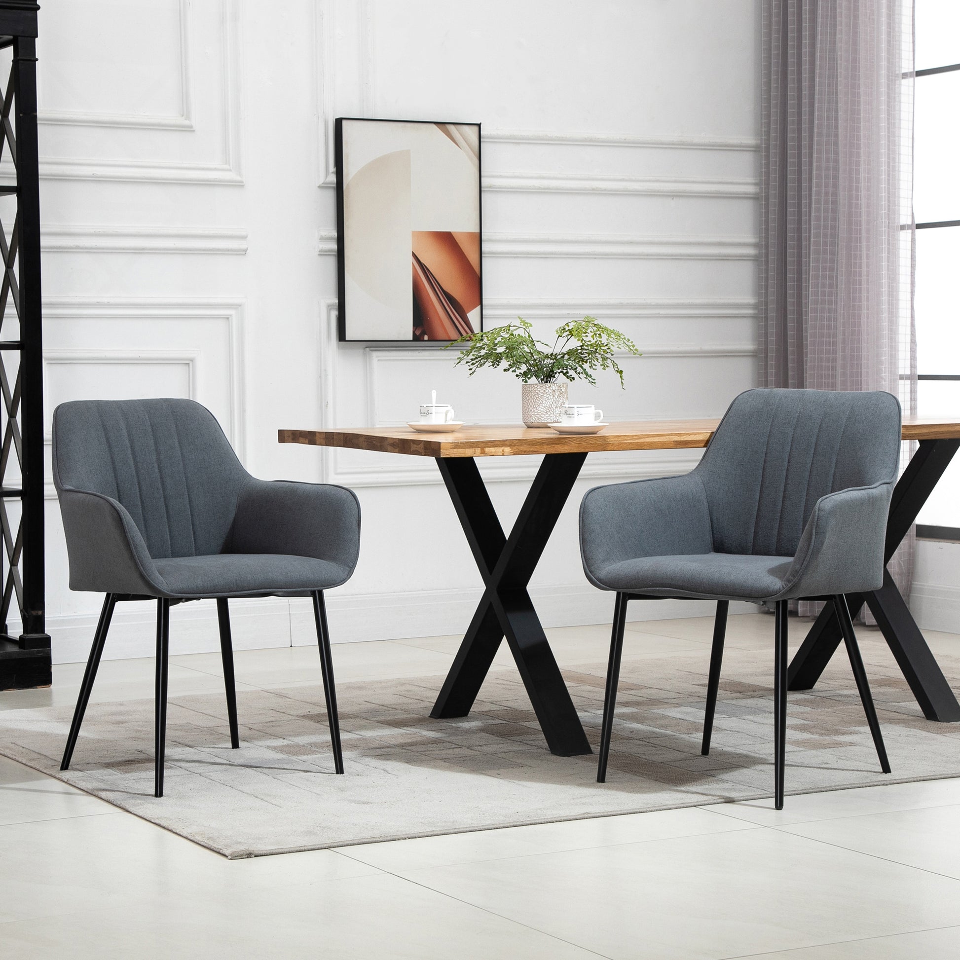 Set of 2 Dining Chairs Upholstered Chair with Breathable Linen Cover Living Room Chair Armchair Kitchen Chair with Backrest Armrest Linen Dark Grey 59.5 x 56.5 x 81 cm