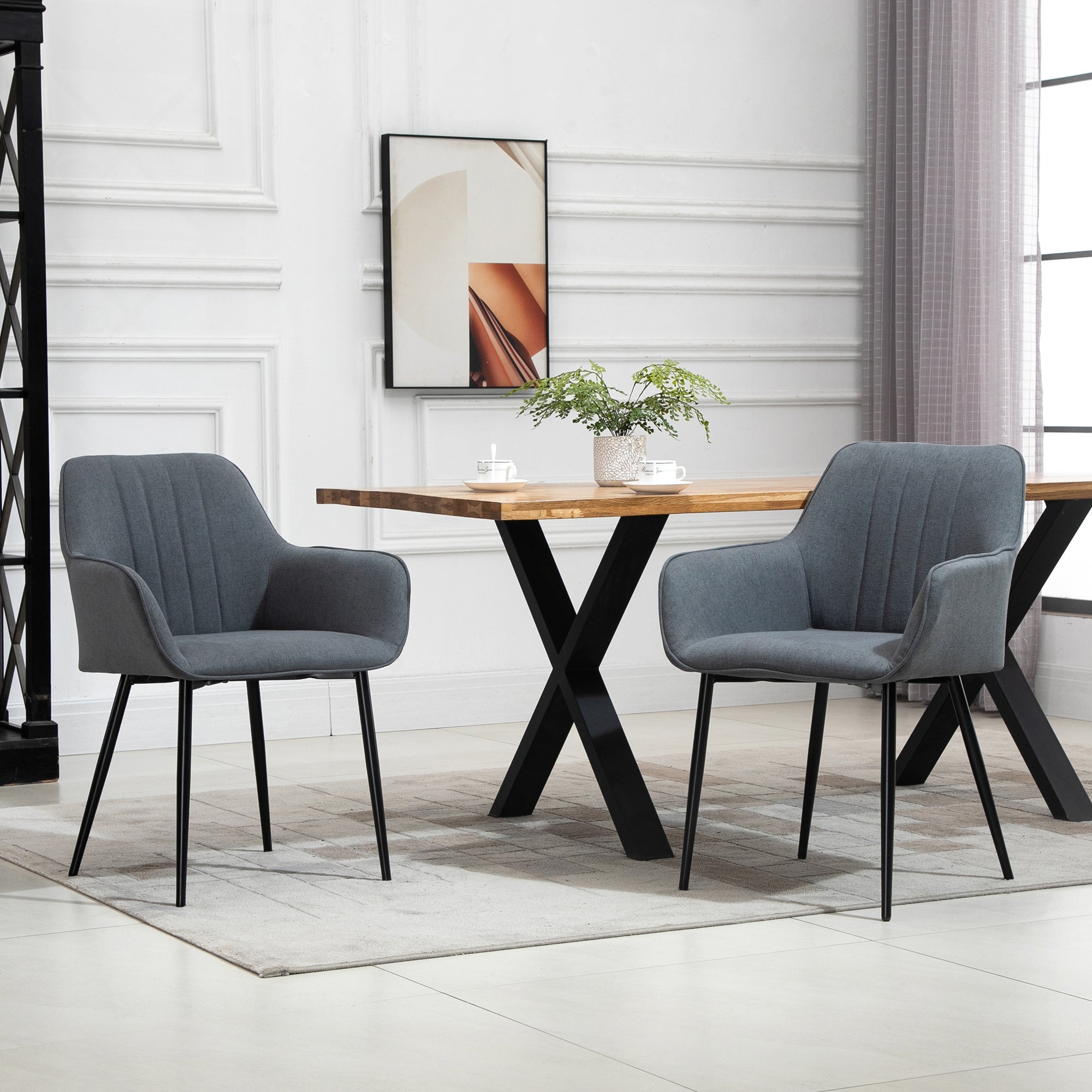Set of 2 Dining Chairs Upholstered Chair with Breathable Linen Cover Living Room Chair Armchair Kitchen Chair with Backrest Armrest Linen Dark Grey 59.5 x 56.5 x 81 cm