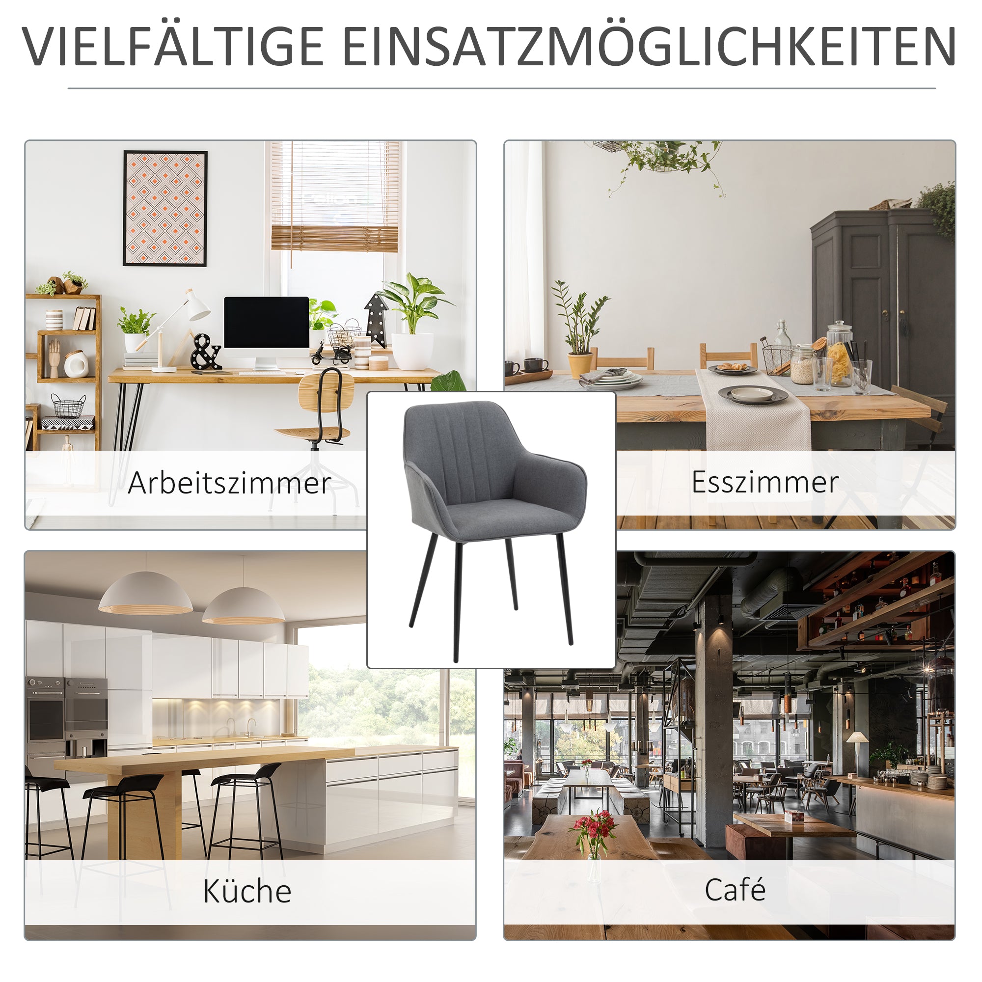 Set of 2 Dining Chairs Upholstered Chair with Breathable Linen Cover Living Room Chair Armchair Kitchen Chair with Backrest Armrest Linen Dark Grey 59.5 x 56.5 x 81 cm
