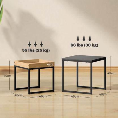2-Piece Coffee Table Set, Square Side Table, Coffee Table with Steel Frame, Coffee Table in Modern Design, for Living Room, Up to 30 kg Load Capacity, Black+Eiche