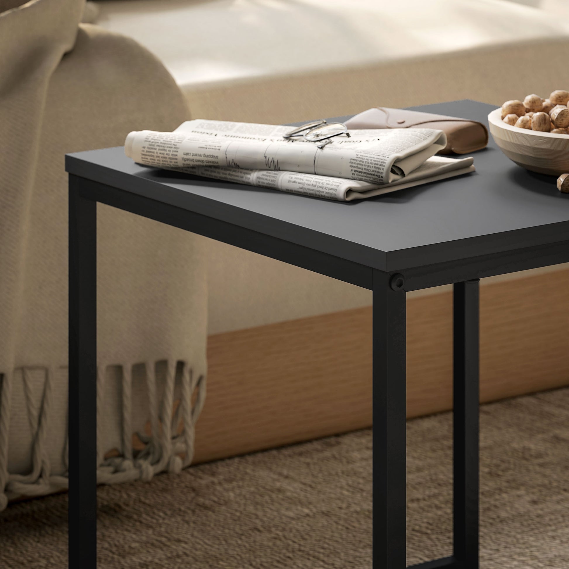 2-Piece Coffee Table Set, Square Side Table, Coffee Table with Steel Frame, Coffee Table in Modern Design, for Living Room, Up to 30 kg Load Capacity, Black+Eiche