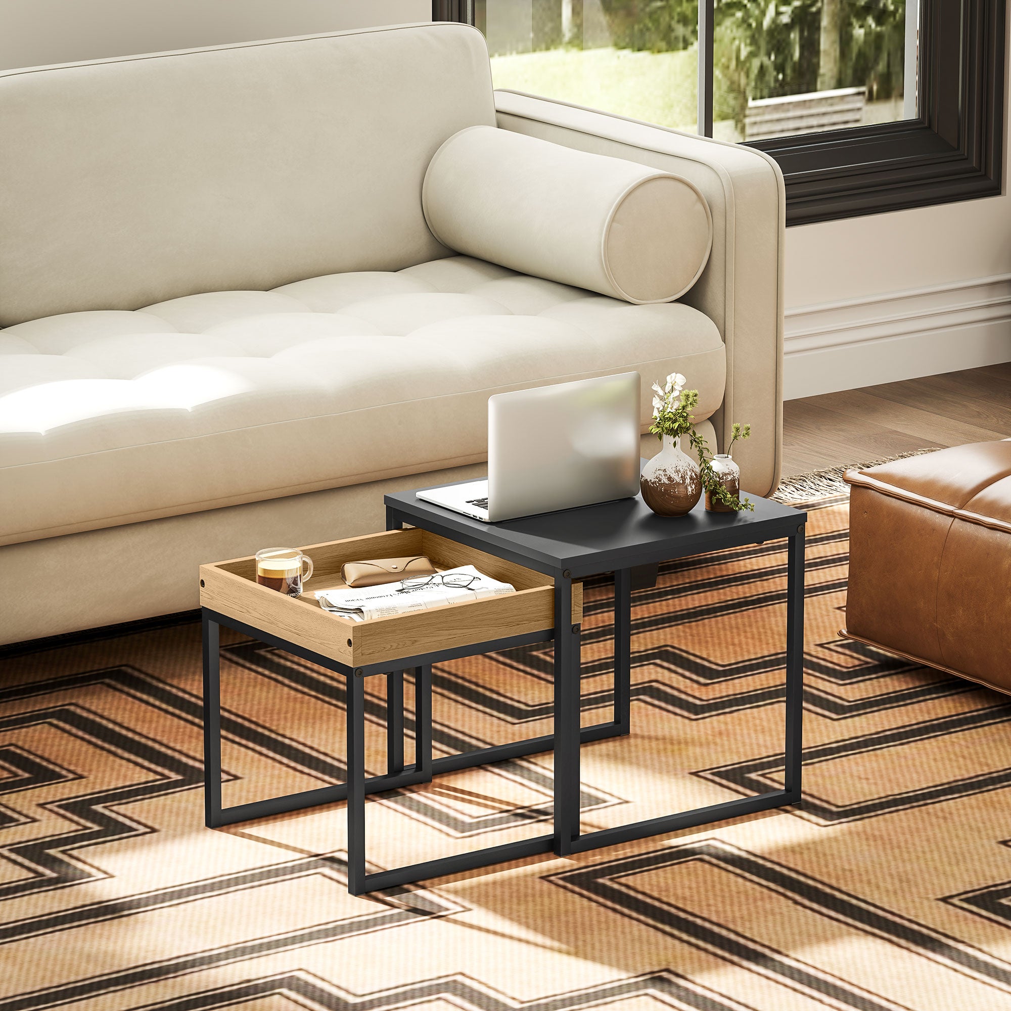 2-Piece Coffee Table Set, Square Side Table, Coffee Table with Steel Frame, Coffee Table in Modern Design, for Living Room, Up to 30 kg Load Capacity, Black+Eiche
