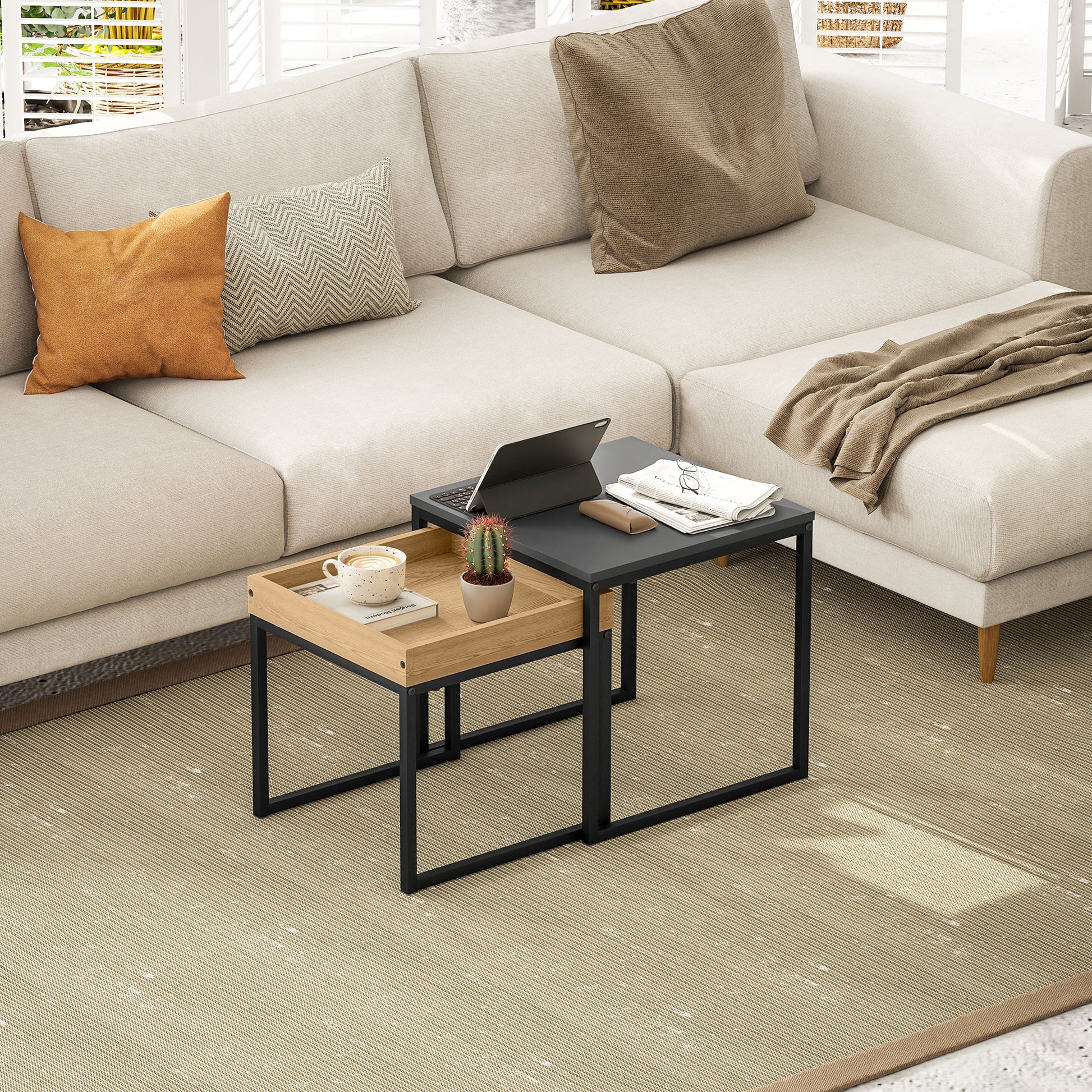 2-Piece Coffee Table Set, Square Side Table, Coffee Table with Steel Frame, Coffee Table in Modern Design, for Living Room, Up to 30 kg Load Capacity, Black+Eiche