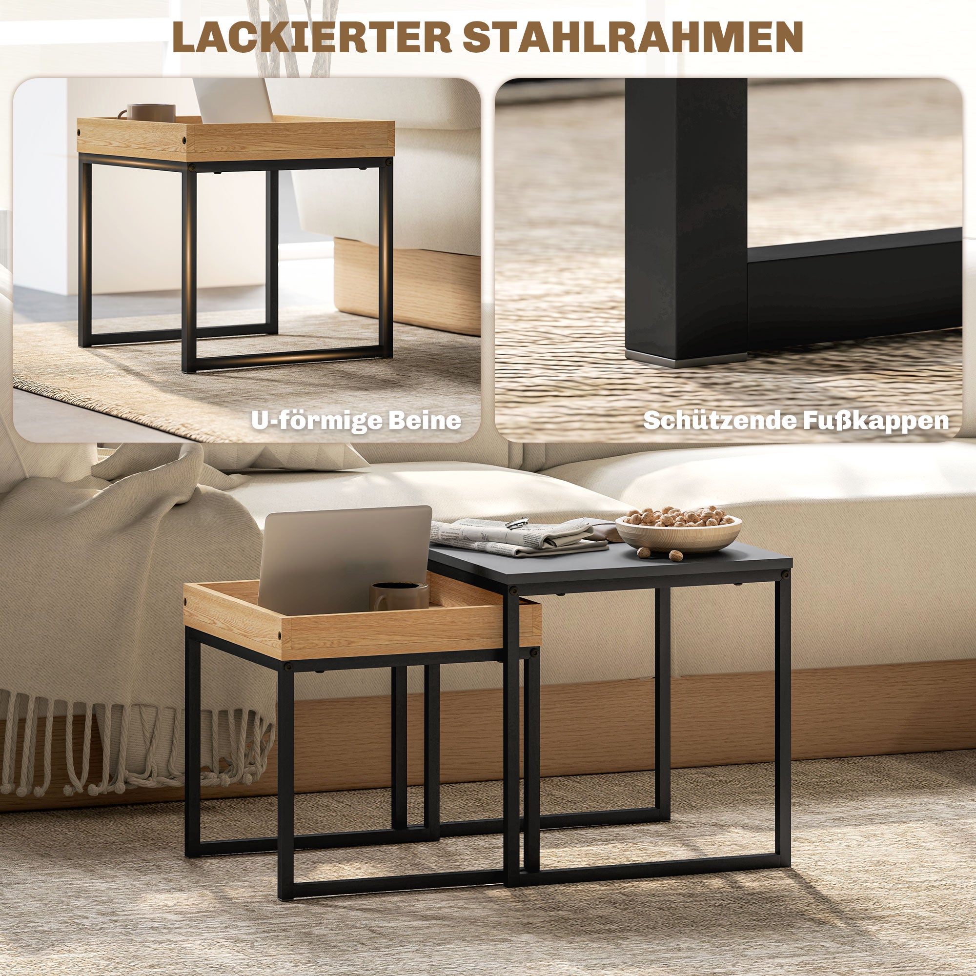2-Piece Coffee Table Set, Square Side Table, Coffee Table with Steel Frame, Coffee Table in Modern Design, for Living Room, Up to 30 kg Load Capacity, Black+Eiche