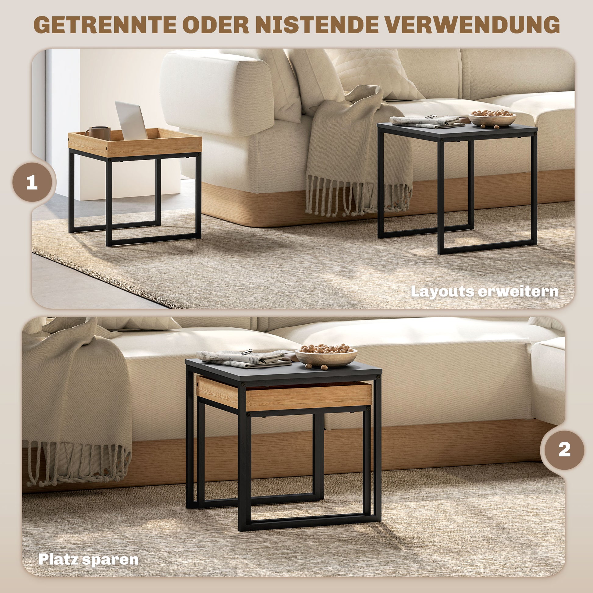 2-Piece Coffee Table Set, Square Side Table, Coffee Table with Steel Frame, Coffee Table in Modern Design, for Living Room, Up to 30 kg Load Capacity, Black+Eiche