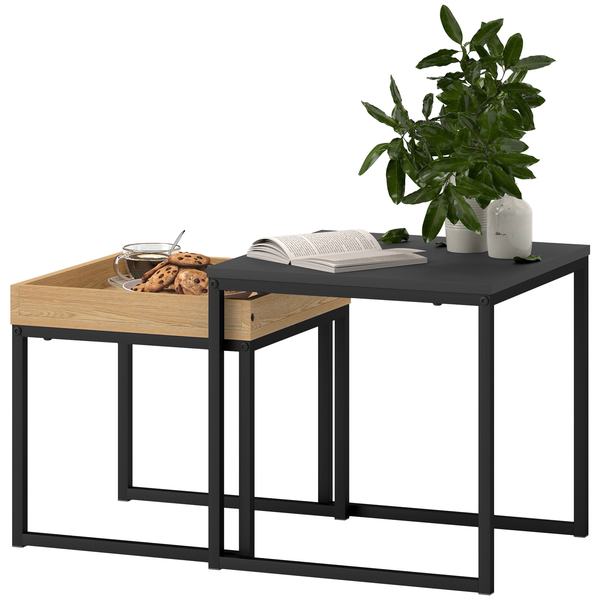 2-Piece Coffee Table Set, Square Side Table, Coffee Table with Steel Frame, Coffee Table in Modern Design, for Living Room, Up to 30 kg Load Capacity, Black+Eiche