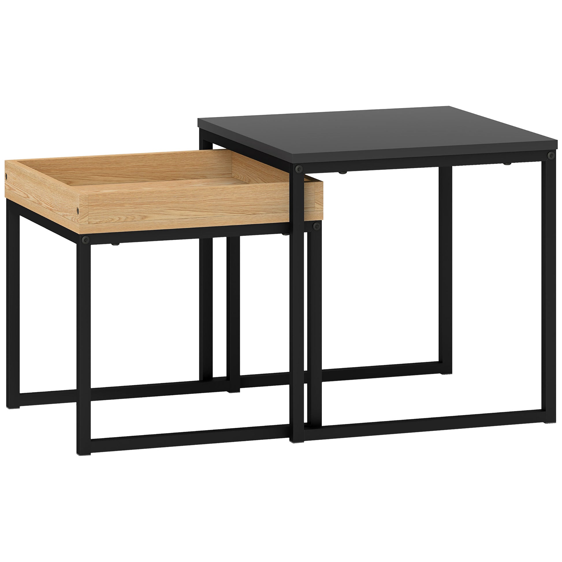 2-Piece Coffee Table Set, Square Side Table, Coffee Table with Steel Frame, Coffee Table in Modern Design, for Living Room, Up to 30 kg Load Capacity, Black+Eiche