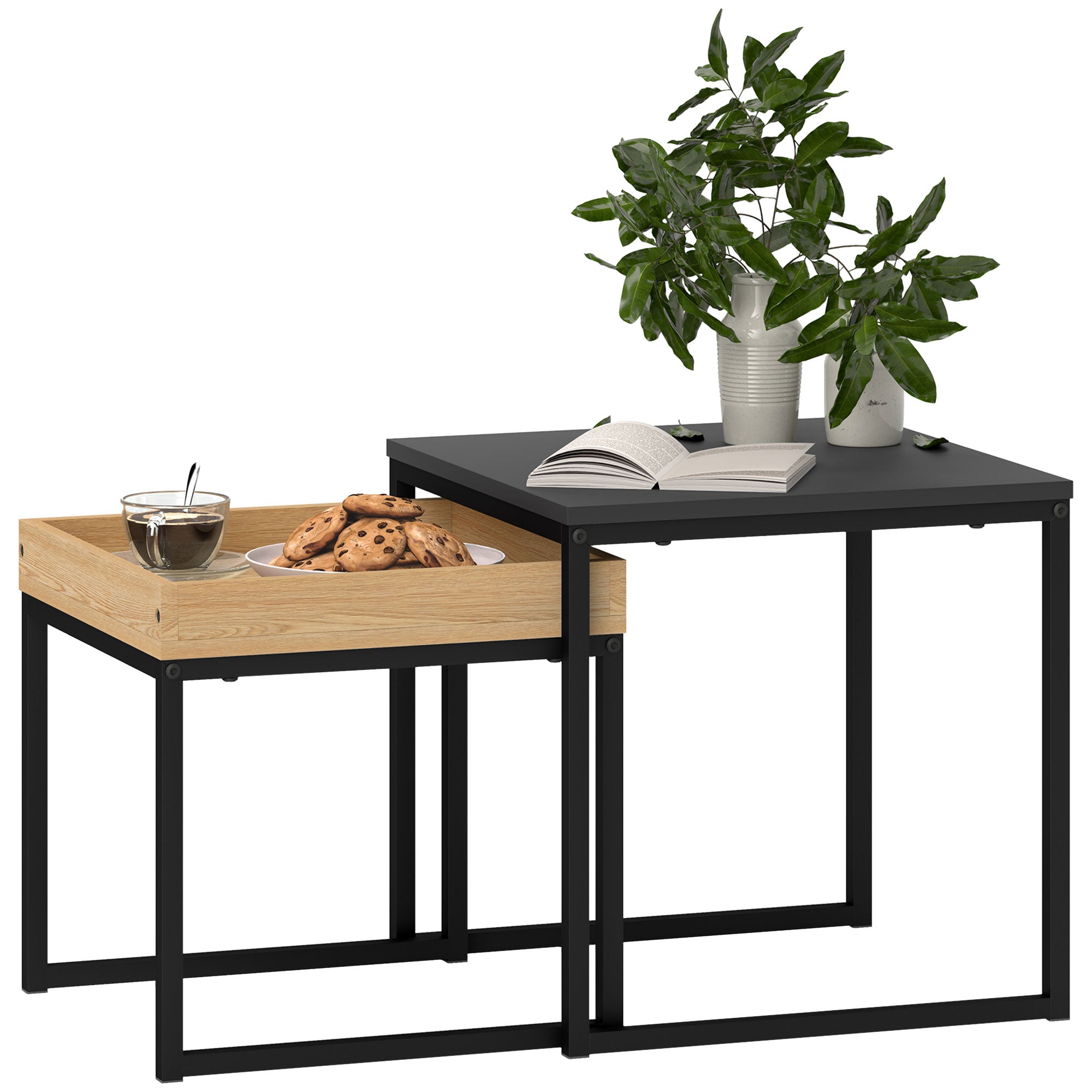 2-Piece Coffee Table Set, Square Side Table, Coffee Table with Steel Frame, Coffee Table in Modern Design, for Living Room, Up to 30 kg Load Capacity, Black+Eiche