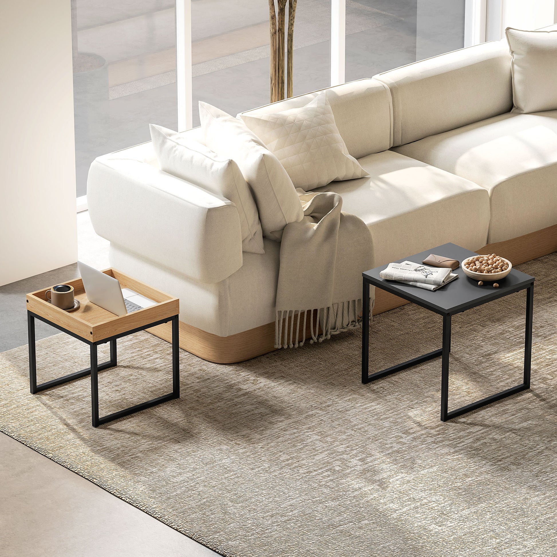 2-Piece Coffee Table Set, Square Side Table, Coffee Table with Steel Frame, Coffee Table in Modern Design, for Living Room, Up to 30 kg Load Capacity, Black+Eiche